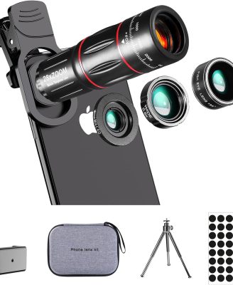 Phone Camera Lens Kit Upgraded Version Telephoto 28X Wide Angle 0.6X Macro 20X Fisheye 198° for Most Smartphones (Black)